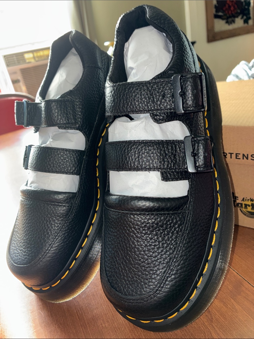 Dr. Martens Black Buzz Mary Jane Double Strap Platform Yellow Welt Stitching